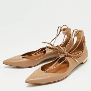 Aquazzura Beige Leather Christy Tie Up Pointed Toe Ballet Flats